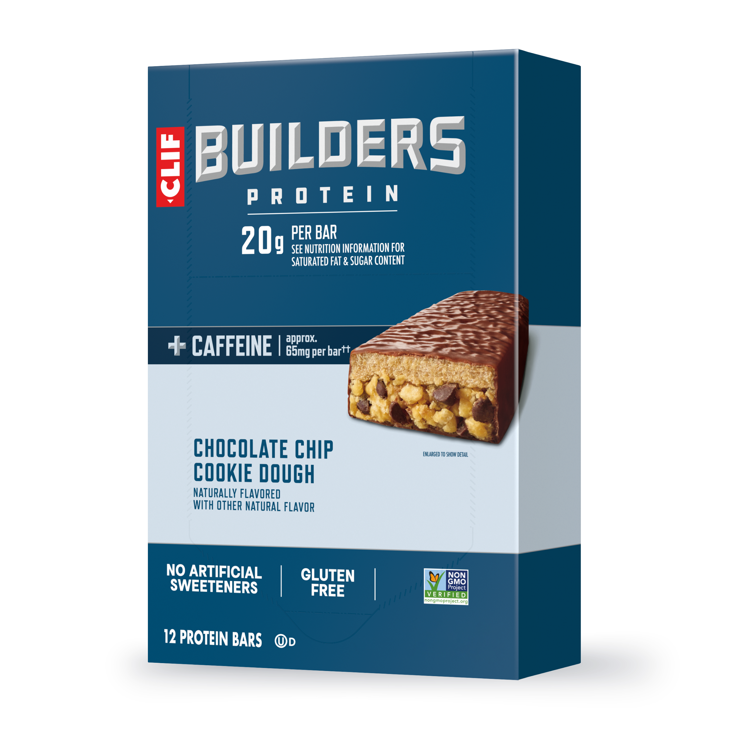 CLIF BUILDERS + Caffeine Chocolate Chip Cookie Dough Flavor Plant Based Protein Bars